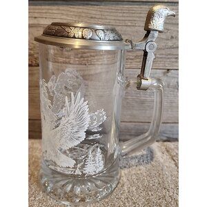 Domex Vintage Beer German Glass Stein Etched Glass Soaring Eagle Pewter Lid